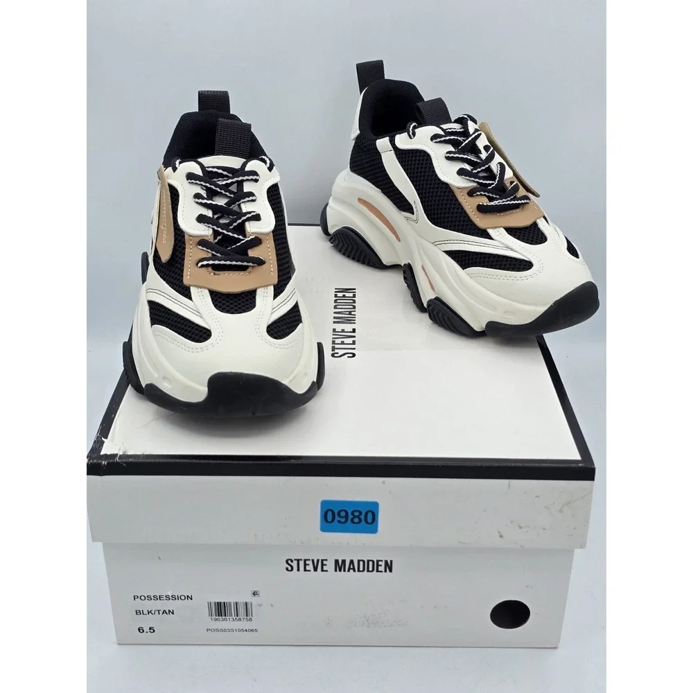 Steve Madden Possession Comfort Lace-Up Mesh Sneakers Black Tan Sz 6.5 M